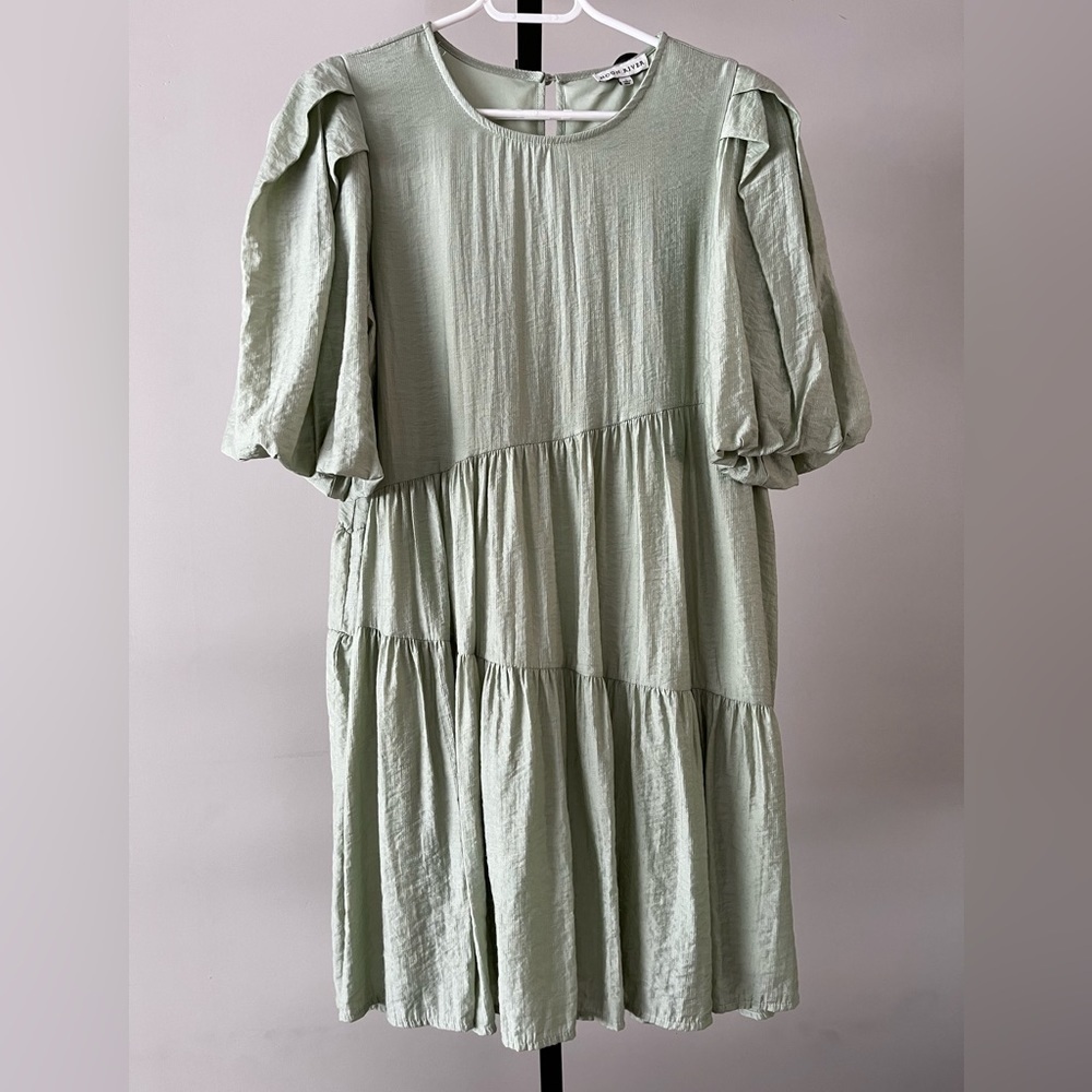 Moon River Bubble Sleeve Tiered Mini Dress in Sage Green, Size Small.